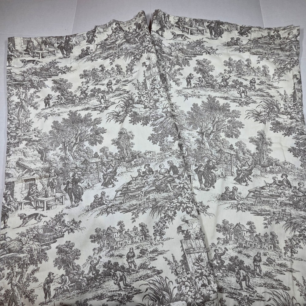 Vintage French Country Toile Curtains Set 2 Cotton Pastoral Scene Cream Grey